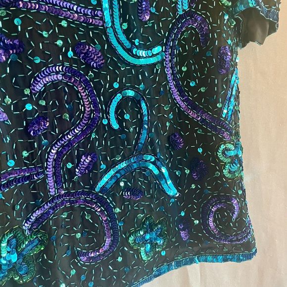 Lawrence Kazar VTG Womens Silk Beaded Sequin Blouse Size Large Black Blue Purple - Picture 6 of 13